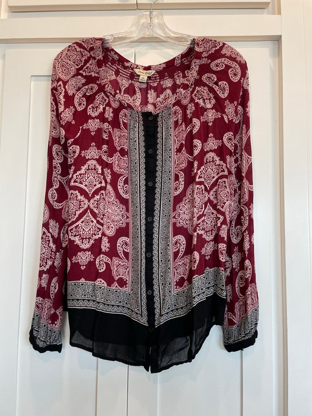 Lucky Brand long sleeve button front blouse red/black geo Med.